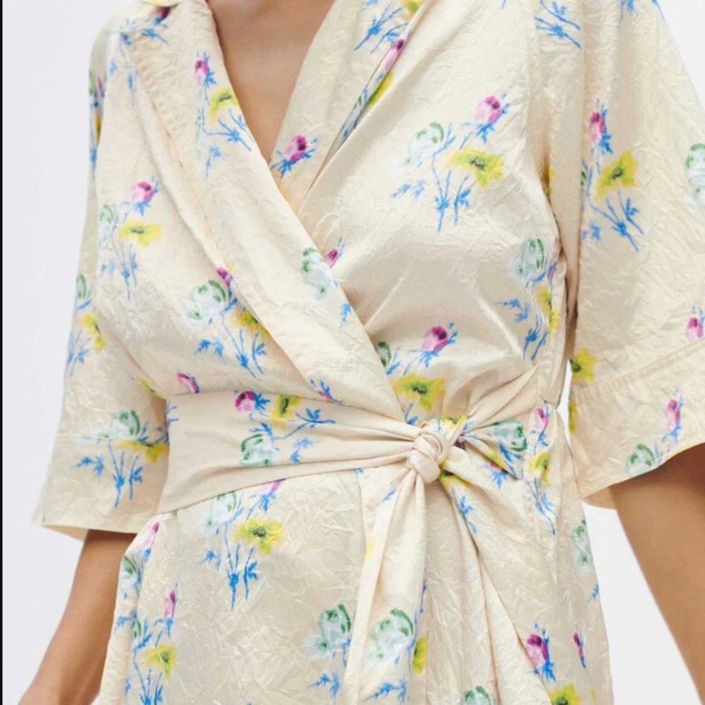GANNI Floral Crinkled Satin Wrap Dress
